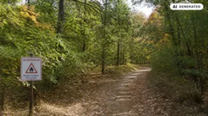 Laub auf den Waldwegen und herbstlich gefärbte Baum schon im August